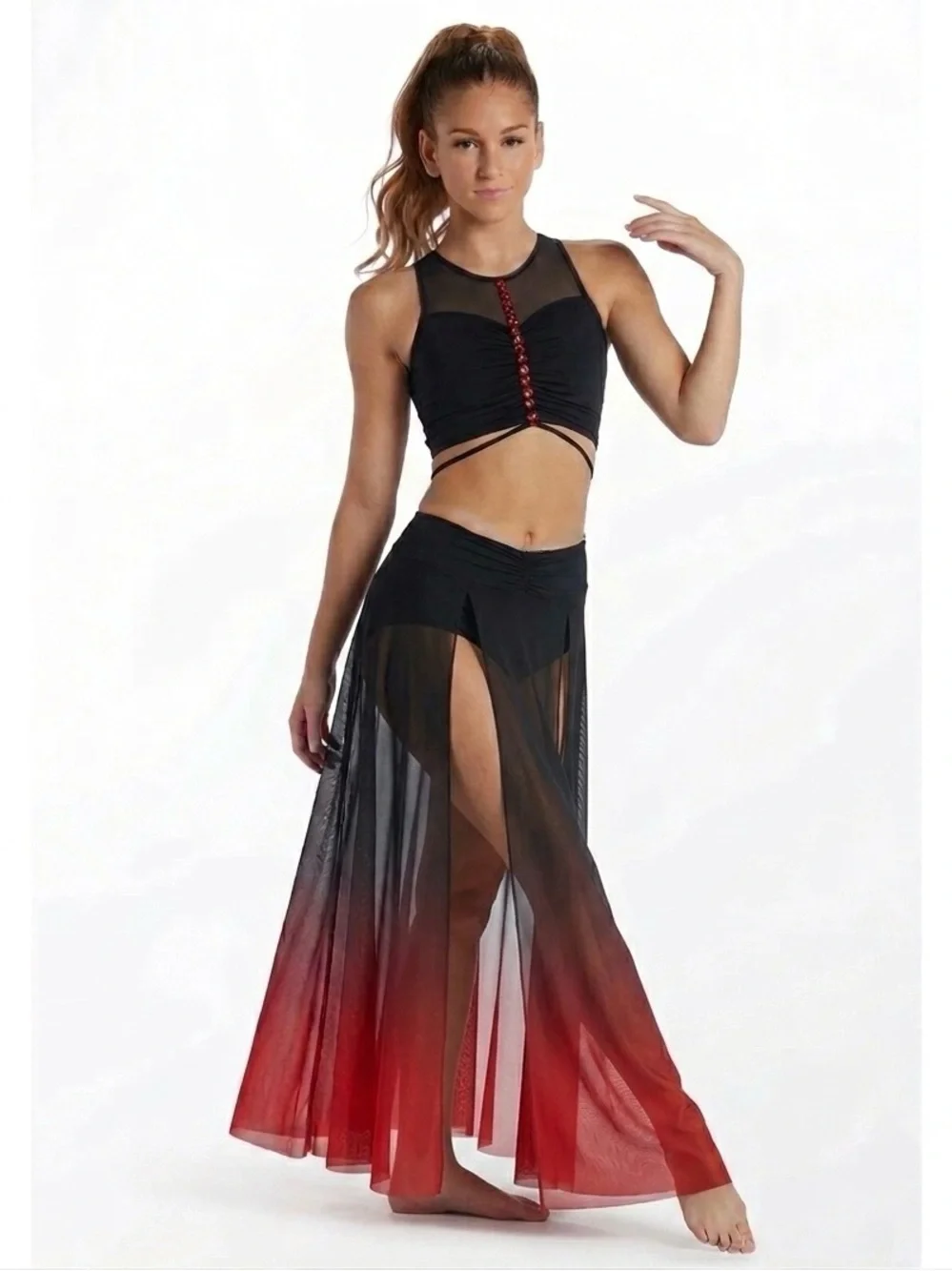 Weissman | Two Piece Black to Red Ombre Sheer Maxi Skirt Pinched Crop Top, LC